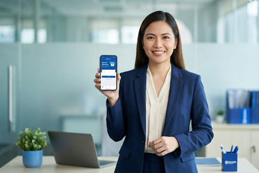 Professional woman holding smartphone with PesoSalon app